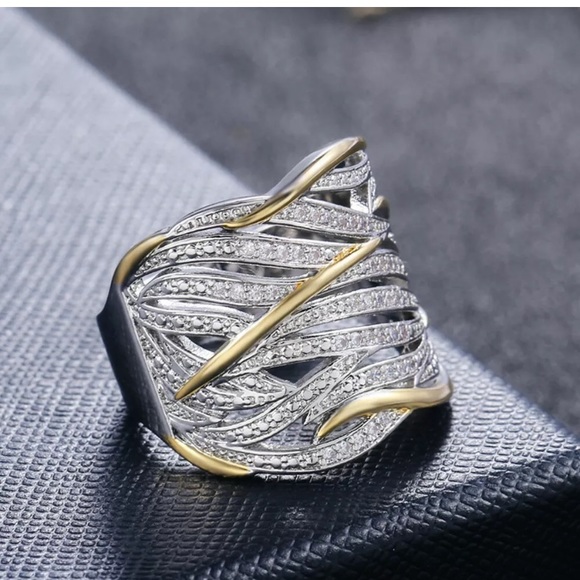 Two Tone 925 Silver White Sapphire Wedding Ring - Picture 2 of 6